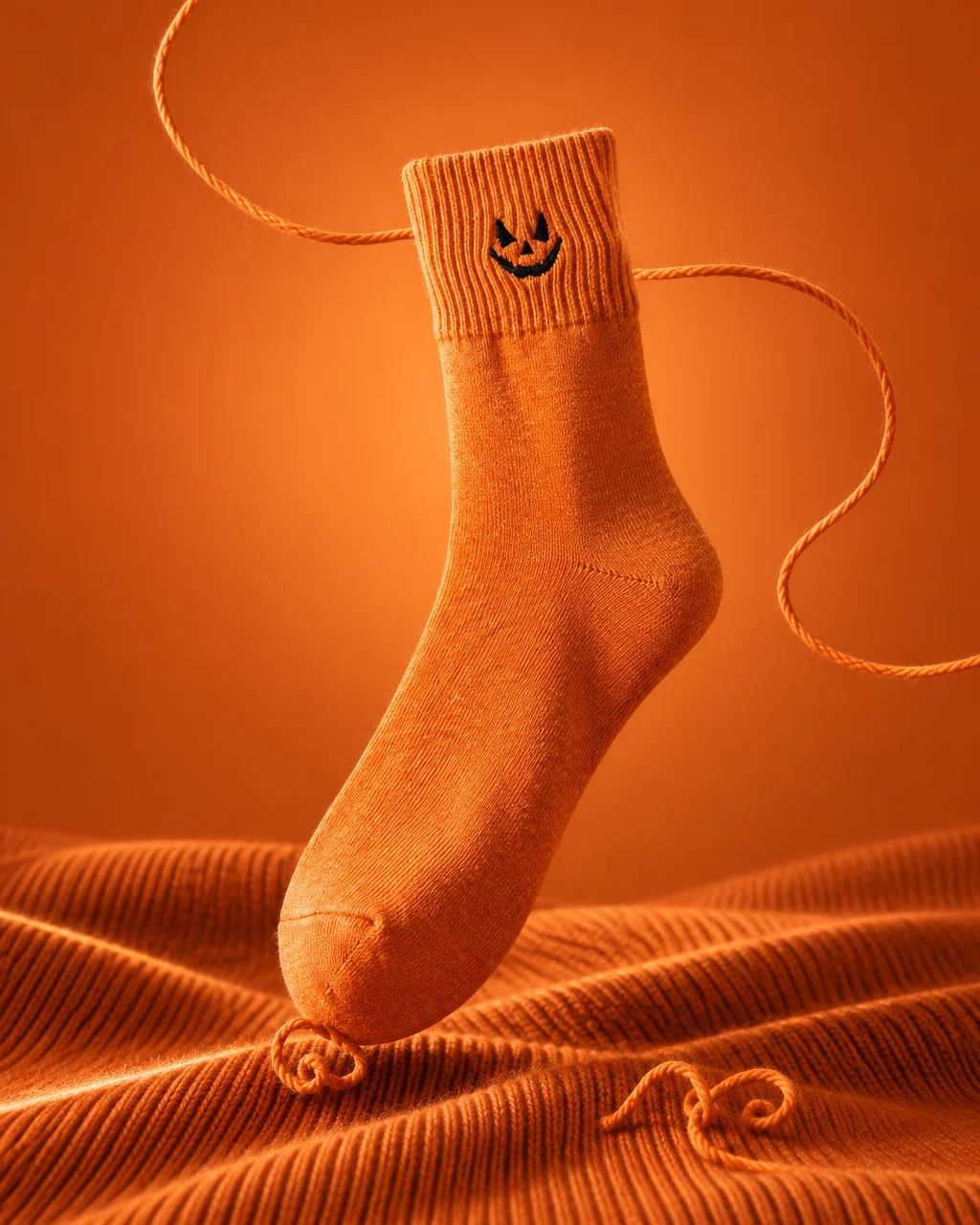 A constructed fashion studio photograph of one exact orange mid-calf Halloween sock from reference r