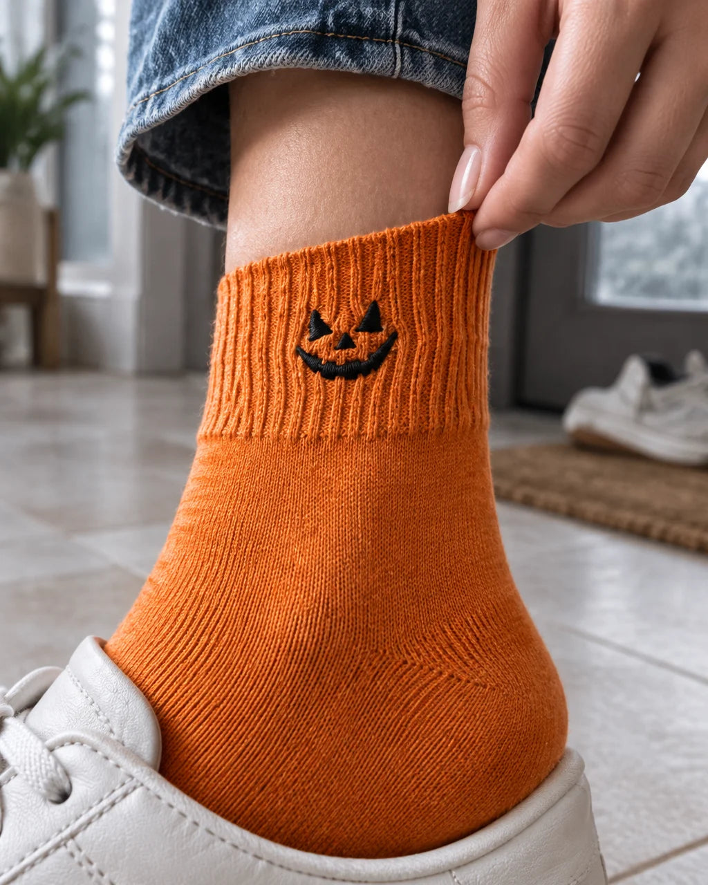 A close-up fashion photograph of the exact orange pumpkin Halloween sock from reference r06, showing