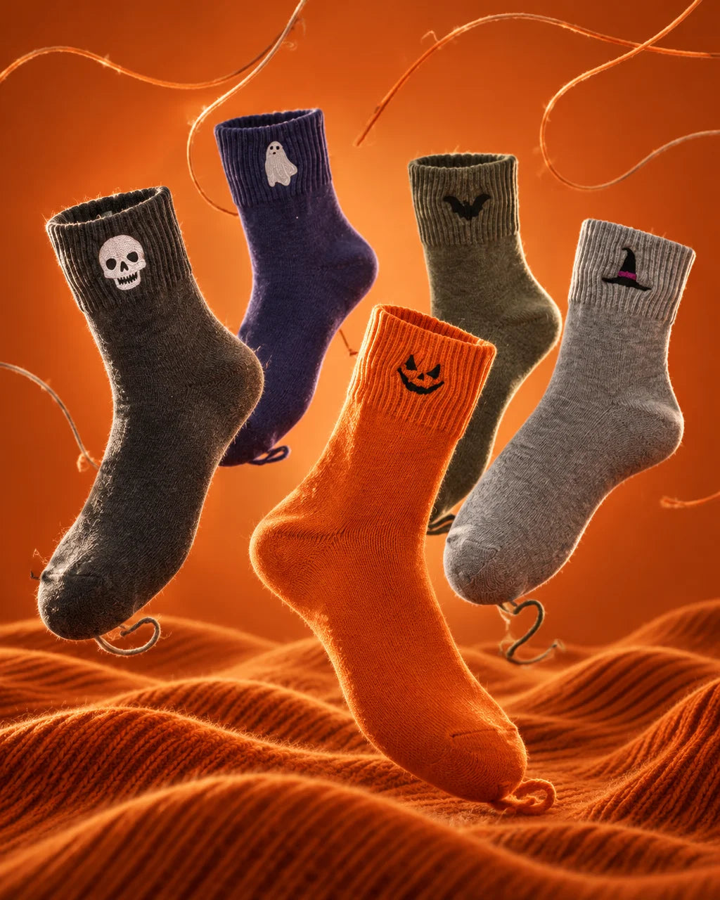 A constructed fashion studio photograph of the five exact classic Halloween sock designs from refere