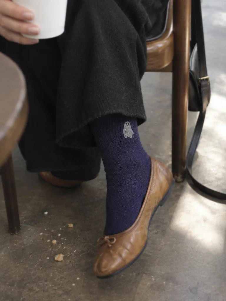 A customer's own photo taken close from her seat at a café: the purple ghost mid-calf socks from ref