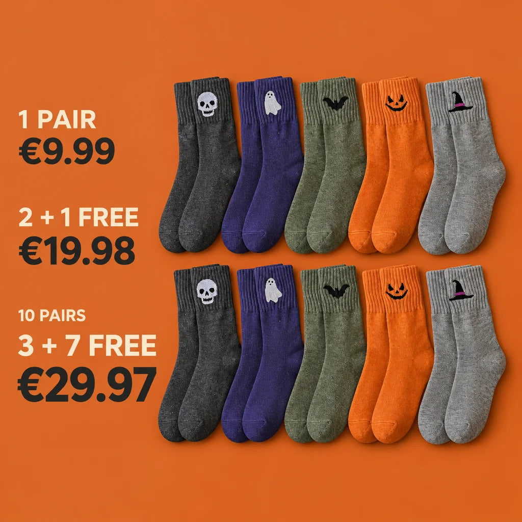 A clean offer graphic built around the exact classic Halloween socks from reference r17. The largest